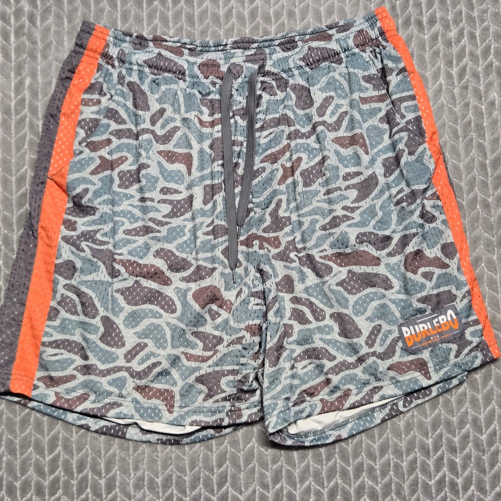 Burlebo Mens Performance Mesh Shorts Grey Orange Duck Camo Lined Large